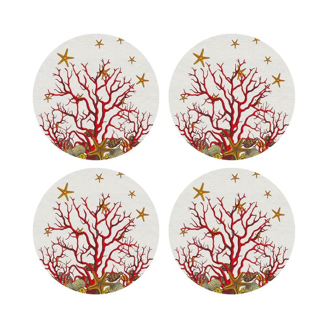 Coral Reef Vegan Leather Round Pebble Placemat, White Red, Set of 4 For Sale - Image 4 of 5