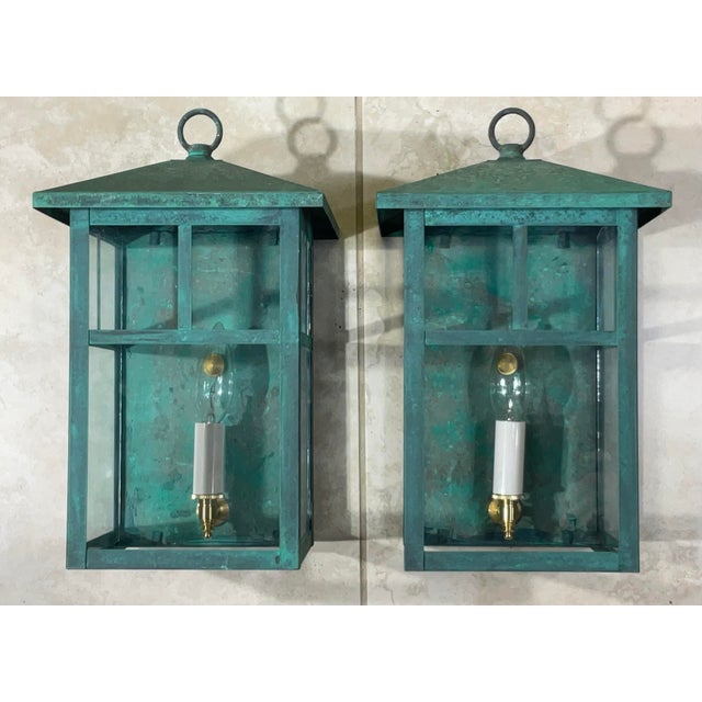 Vintage Pair of Solid Brass Outdoor Wall Lanterns – 13”h X 7”.5w X 7”.5d For Sale - Image 15 of 18