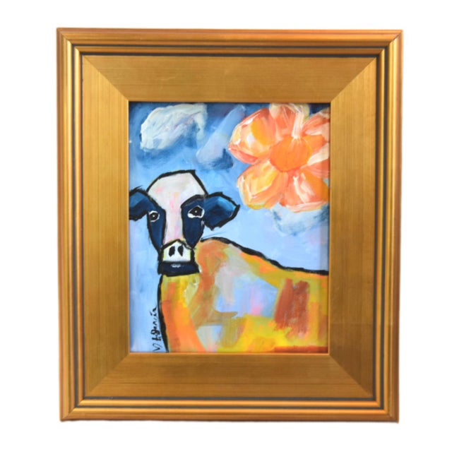 2020s Whimsical Impressionist Cow Painting Including the Antiqued Gold Wood Frame For Sale - Image 5 of 5