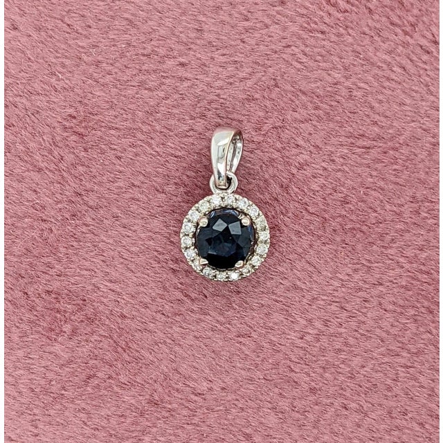 Ceylon Blue Sapphire Pendant With Natural Diamond Halo: Solid 14k Gold Round 4mm For Sale - Image 4 of 5