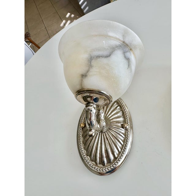 Metal Pair Silver Nickel Alabaster Sunburst Wall Sconces For Sale - Image 7 of 18