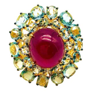 Bochic “Orient” Natural Ruby & Aquamarine Ring Set In 18K Gold & Silver For Sale