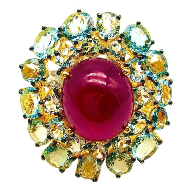 Bochic “Orient” Natural Ruby & Aquamarine Ring Set In 18K Gold & Silver For Sale