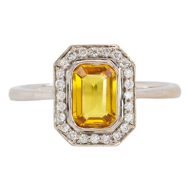 1.3ct Ceylon Yellow Sapphire Ring W Natural Diamond Halo in 14k Solid Gold, Size 6.75 For Sale