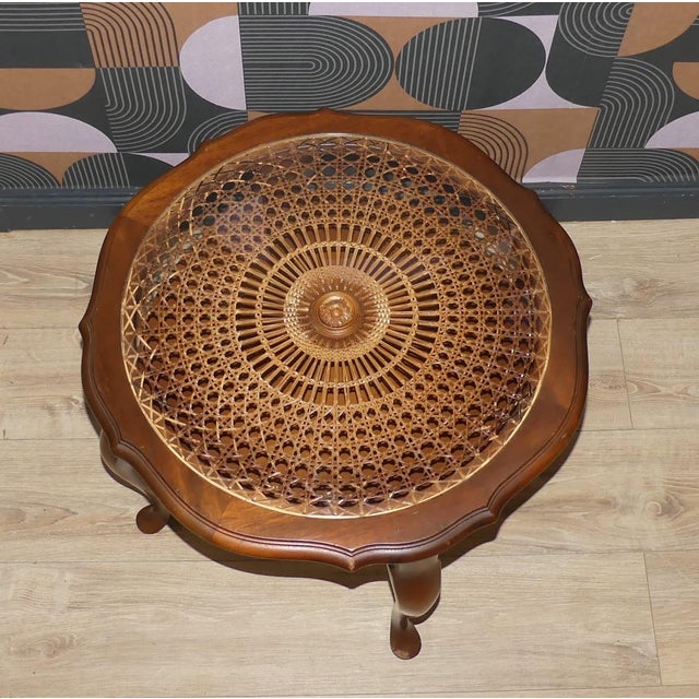 Brown Chippendale Round Side Table with Shelf Wicker and Glass by Ilse Möbel, 1960s For Sale - Image 8 of 15