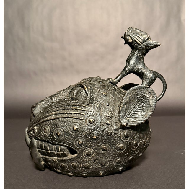 Mid 20th Century Benin Bronze Leopard Head With Feline Figure For Sale In New York - Image 6 of 8