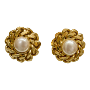 Stunning 1980s Brilliant Cut Chain Link Motif Glass Pearl Earrings, 2 Pieces