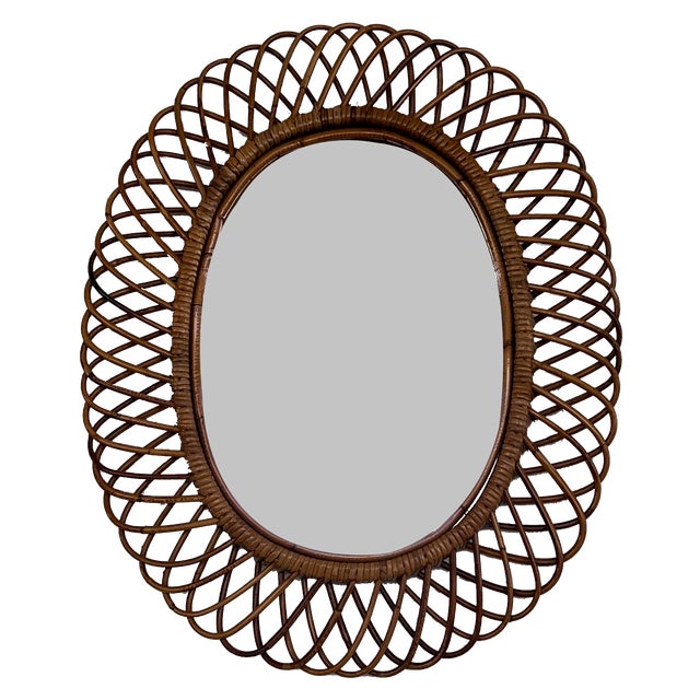 Italian Oval Wall Mirror with Bamboo Frame in the style of Franco Albini, 1970s For Sale