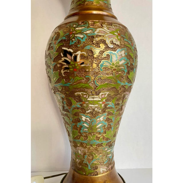 Chinoiserie Mid 20th Century Asian Champleve Cloissone Tall Brass Lamp Made by Marbro For Sale - Image 3 of 13