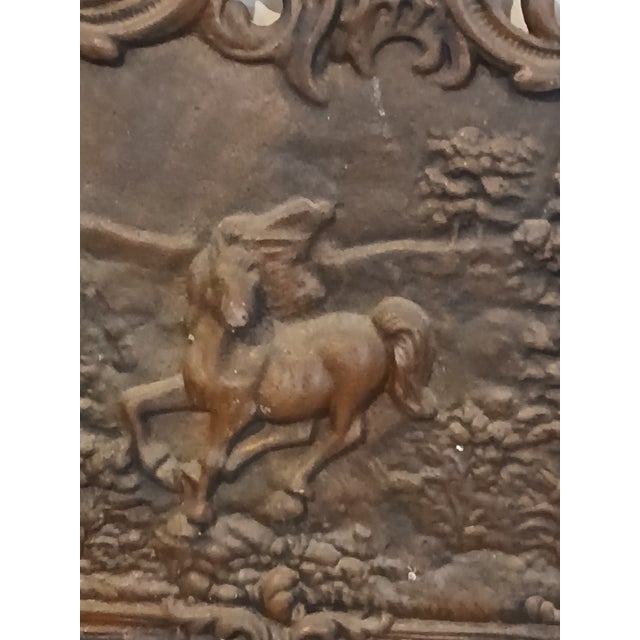 American Vintage Cast Iron Horse Themed Fireback For Sale - Image 3 of 12