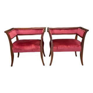 Pair of Vintage Petite Wood-Framed Tub Chairs in Raspberry Velvet For Sale