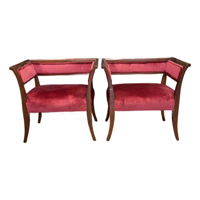 Pair of Vintage Petite Wood-Framed Tub Chairs in Raspberry Velvet For Sale