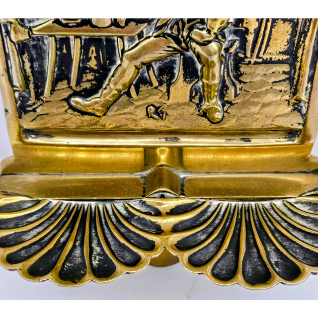 Vintage European Brass Tavern Interior Brass Wall Match Holder, Repoussé Pub Scene Wall Pocket For Sale In Dallas - Image 6 of 9