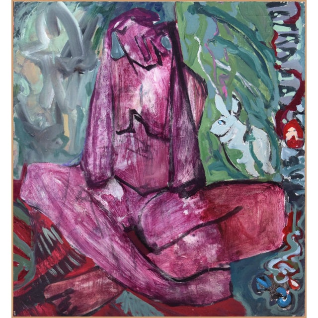 Purple Vintage Mid Century Modernist Figurative Abstract Painting of a Nude With a Rabbit For Sale - Image 8 of 8