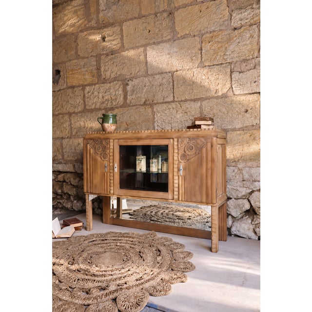 Art Deco Walnut Display Cabinet with Carved Decorations and Brass Details, 1930s For Sale - Image 11 of 11