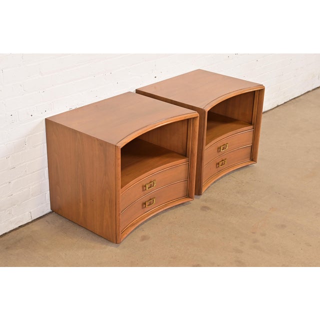 Johnson Furniture Co. A Pair of Paul Frankl for Johnson Furniture Mid-Century Modern Concave Walnut Nightstands, Circa 1950s For Sale - Image 4 of 14