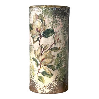 Magnolia Decoupage and Painted Glass Cylinder Vase .5x7.5 For Sale