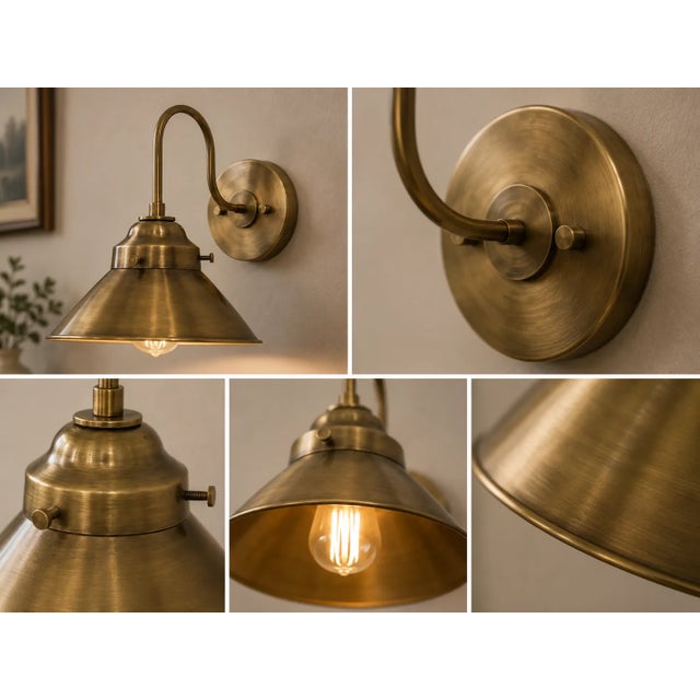 Solid Brass Industrial Wall Sconce, Antique Brass Dome Shade, Farmhouse Bedroom Lighting For Sale - Image 10 of 11