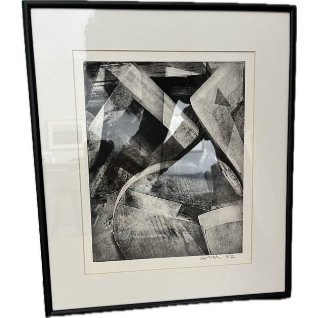 Abstract cubism signed black and white 3/12 limited edition print on paper, newly framed.