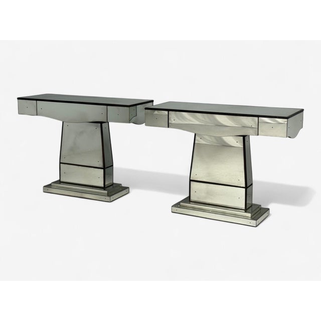 Art Deco Style, Mirrored Console Tables, Painted Wood, Distressed Glass For Sale - Image 9 of 15