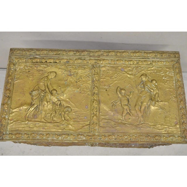Victorian Antique English Victorian Brass Figural Repousse Coal Bin Storage Blanket Chest For Sale - Image 3 of 12