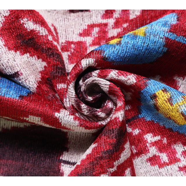 Hand-Knotted Silk Velvet Ikat Lumbar Pillow - 16x24 Ruby & Azure Multi For Sale In San Francisco - Image 6 of 8