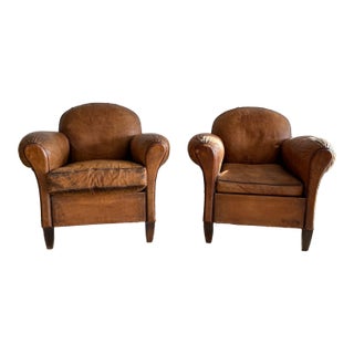 Antique Pair French Leather Chairs For Sale
