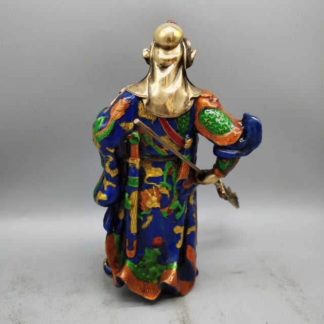 Late 20th Century Enameled Brass Guan Gong Sculpture, Colorful Cloisonne Warrior God Figurine, Chinoiserie Tabletop Decor For Sale - Image 5 of 8