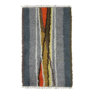 Vintage Swedish Rya Rug With Gray and Orange Vertical Geometry - Rug & Kilim For Sale