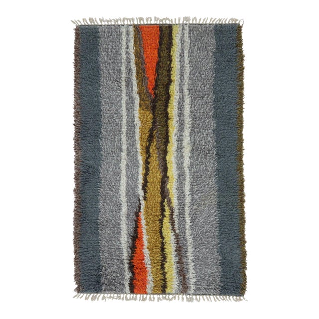Vintage Swedish Rya Rug With Gray and Orange Vertical Geometry - Rug & Kilim For Sale