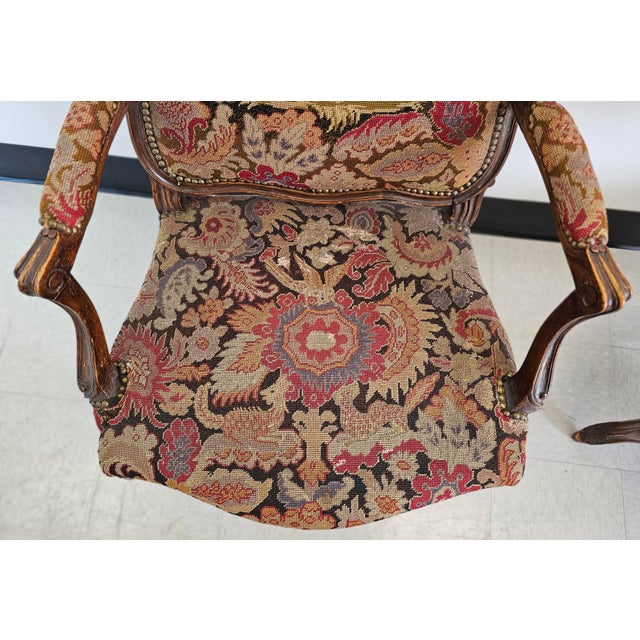 19th Century French Louis XV Style Mahogany and Needlepoint Tapestry Bergeres Fauteuils, Pair For Sale - Image 9 of 11