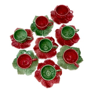 1970s Vintage Hollywood Regency Boho Chic Majolica Cabbageware Demitasse Cups & Saucer, Service for 8 - 16 Pieces, Christmas For Sale