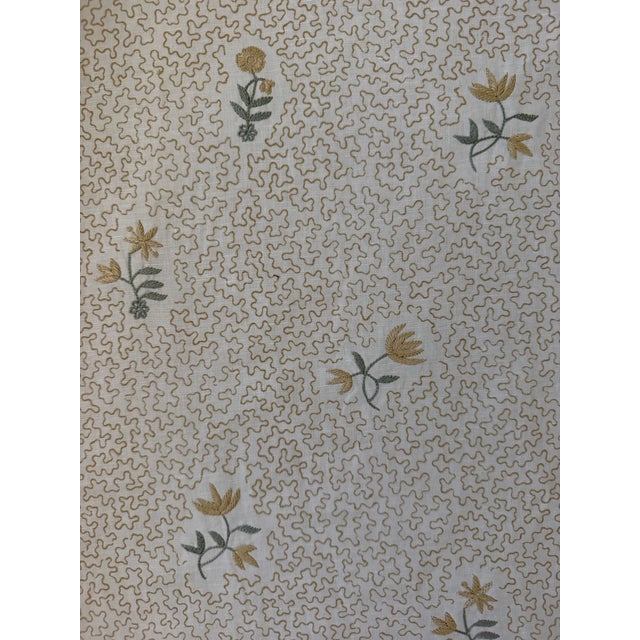 Chelsea Textiles Wildflowers on Printed Squiggles in Faded Yellow Screen Printed by Hand With Hand Embroidered Detail Fabric 1 1/4 Yards For Sale - Image 4 of 6