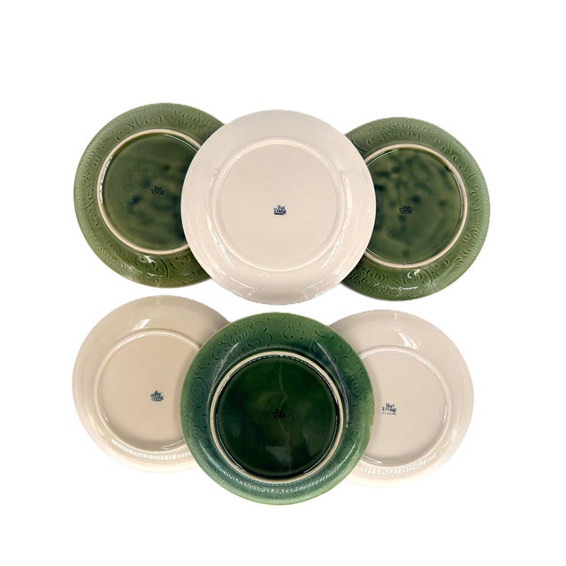 A beautifully curated set of six vintage Bat Trang dinner plates, intentionally collected in two complementary blue-and-...