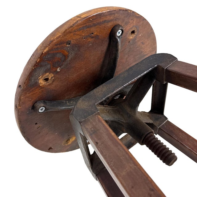 Antique 1910s 30" Tall Industrial Architect's Draftsman Stool - Adjustable Wood & Cast Iron Swivel Seat For Sale - Image 18 of 18