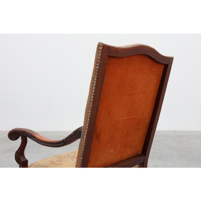 Carved Walnut Armchair with Scrolling and Tapestry Upholstery, France, 1800 For Sale - Image 14 of 16