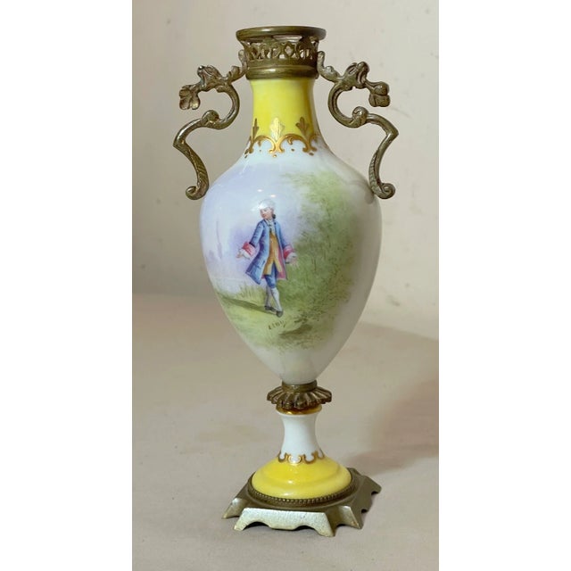 French Antique Ornate Hand Painted Porcelain Gilt Bronze Miniature Sevres Vase Urn 2 For Sale - Image 3 of 9