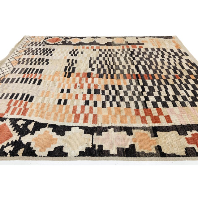 2020s Modern Handmade Moroccan Style Wool Rug - Earthy Terracotta & Charcoal Geometric For Sale - Image 5 of 12