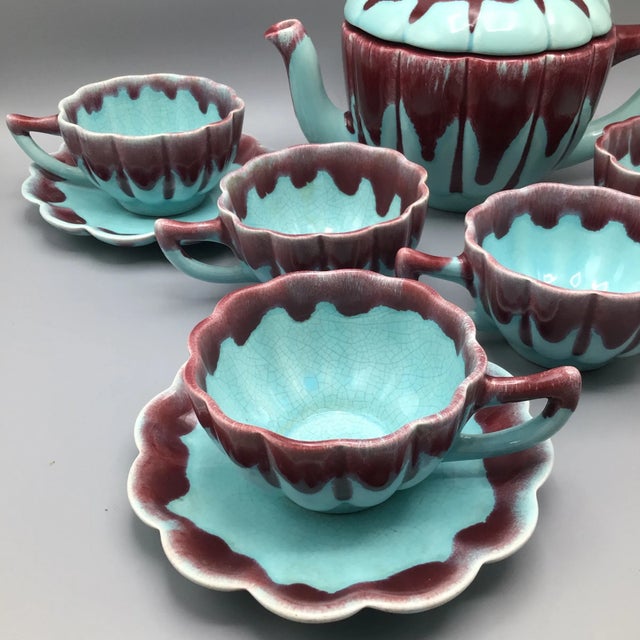 Mid-Century Modern Drip Tea Pot, Cups and Saucers, Plus Sugar Bowl by Allen’s of California - 12 Pieces For Sale - Image 3 of 13