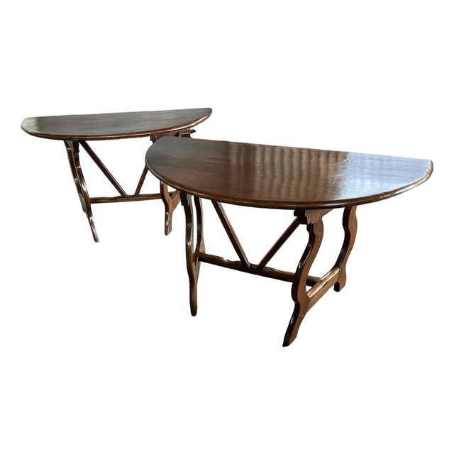 Pair of 18th Century Italian Walnut Demi Lune Consoles With Lyre Legs For Sale