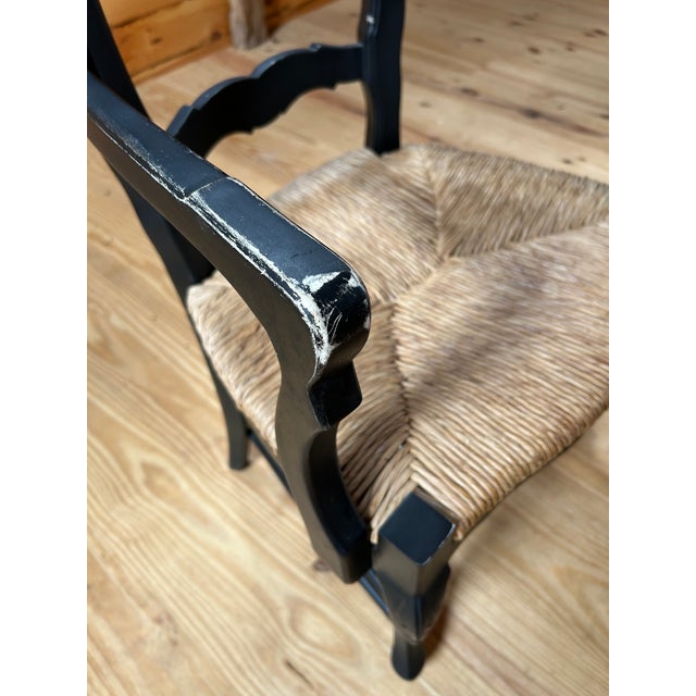 2000 - 2009 Country Style Ebonized Wood Ladderback Dining Chairs With Rush Seats -Set of 10 For Sale - Image 5 of 17