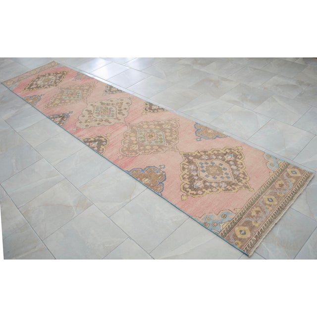 1960s Traditional Turkish Runner Hand Knotted Distressed Low Pile Pink Hallway Rug Kitchen Decor For Sale - Image 4 of 12