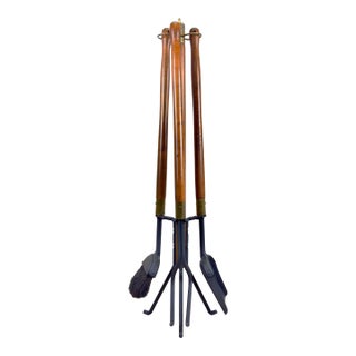 Mid Century Modern Walnut & Wrought Iron Fireplace Tool Set by Seymour For Sale