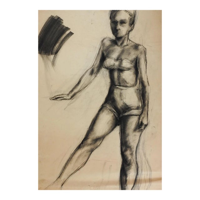 Vintage 1950s Charcoal Standing Female Figure Study Drawing For Sale