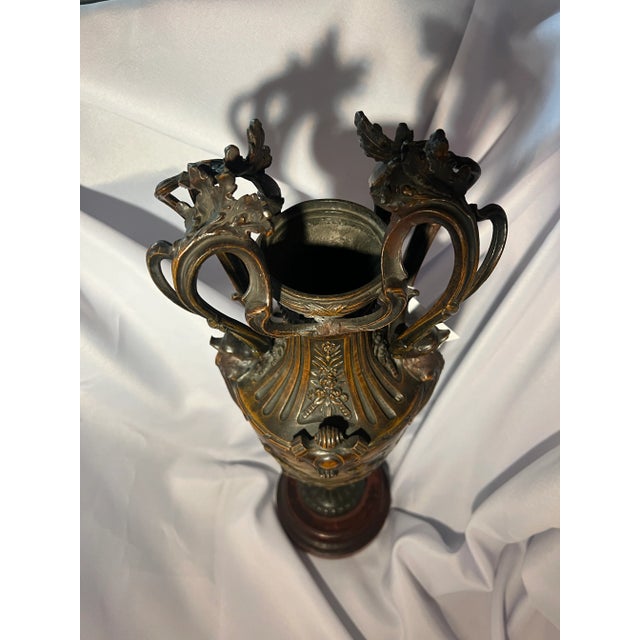 Traditional Antique Dark Patinated Brass Decorative Urn With Wood Base For Sale - Image 3 of 11