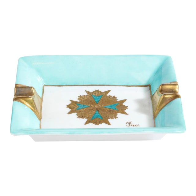 Mid-Century Ceramic Cigar Tray in Pastel Cerulean and Gilt Detailing For Sale