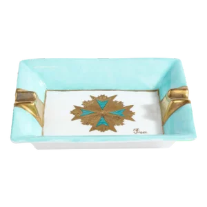 Mid-Century Ceramic Cigar Tray in Pastel Cerulean and Gilt Detailing