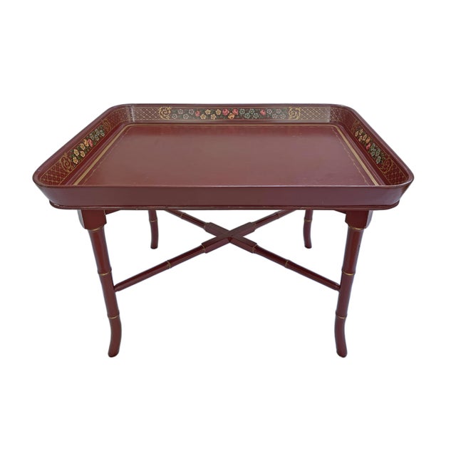 Traditional Vintage Maroon Gilded Regency Tray Table Faux Bamboo For Sale - Image 3 of 6