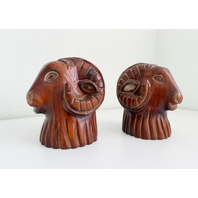 Carved Wood Rams Head Bookends by Sarreid Spain 1970s - A Pair For Sale In Sacramento - Image 6 of 11