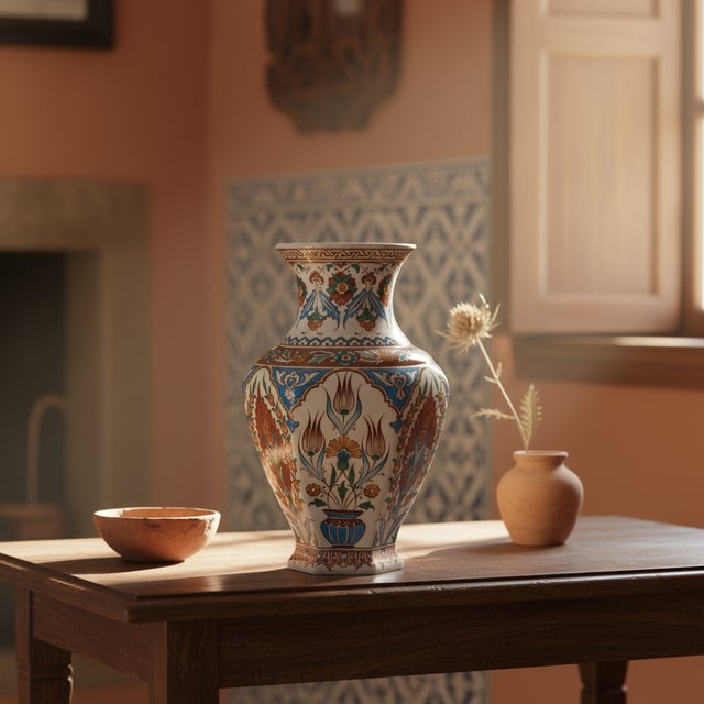 2020s Handmade Ceramic Iznik Vase (Faceted Form) Russet Brown and Turquoise Floral For Sale - Image 5 of 9